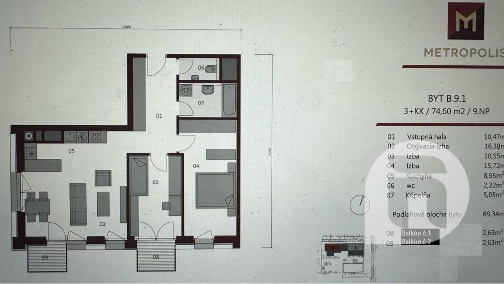Predaj - moderný 3 - izbový byt na Bottovej ulici v mestskej časti Mlynské Nivy - Bratislava. Byt o výmere 74,6 m2 + 2 balkóny